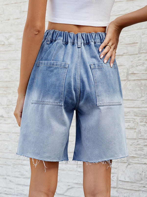 Buttoned Raw Hem Denim Shorts with Pockets