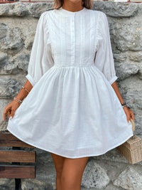 White Lace Detail Half Button Three-Quarter Sleeve Dress