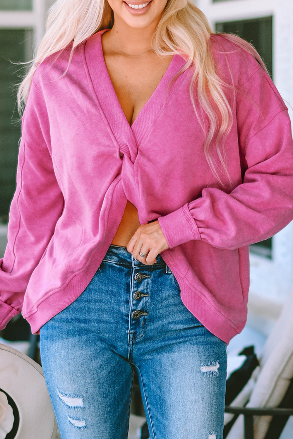 Womens Pink Fashion Sweater Exposed Seam Twist Open Back Oversized Sweatshirt