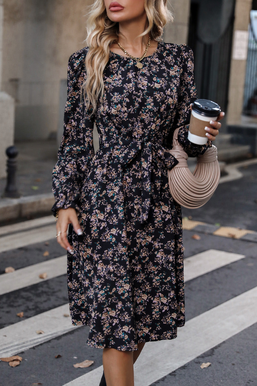 Floral Printed Long Sleeve Dress Pattern Round Neck Flounce Sleeves Women's Fashion