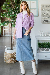 Denim Shirt Women's Fashion Lilac Raw Hem Button Up Long Sleeve Shirt