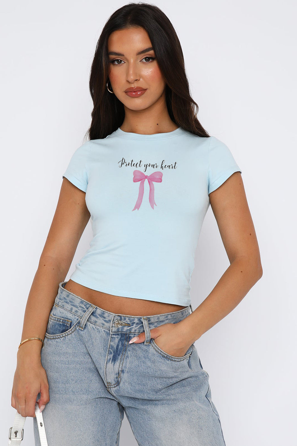 Graphic T Shirt Protect Your Heart Quote Bow Round Neck Short Sleeve Crop Top Women's Fashion