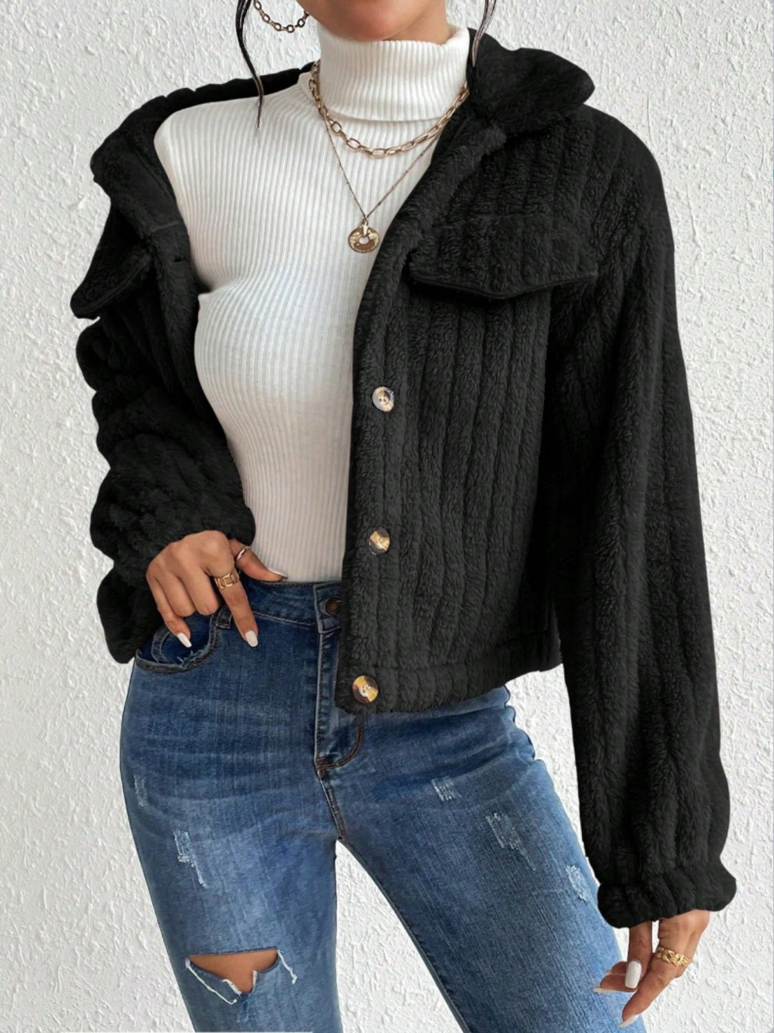 Women's Fuzzy Jacket with Buttons  Button Up Collared Neck Jacket
