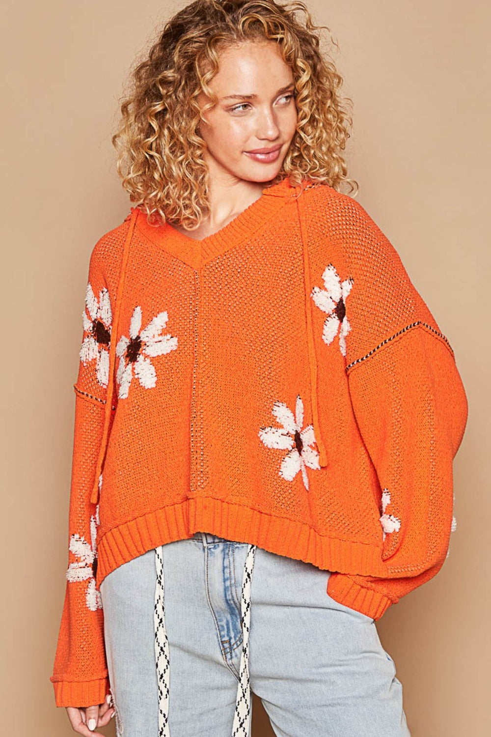 KESLEY Casual Floral Pattern Hooded High-Low Sweater