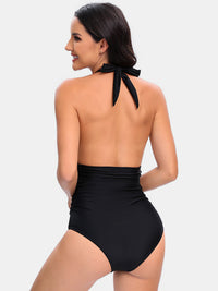 One Piece Swimsuit Nylon Fast Dry Premium Luxury Halter Neck Plunge Low V One-Piece Swimwear