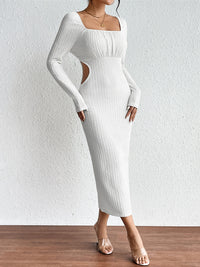 White Square Neck Cutout Long Sleeve Midi Dress New Women's Fashion Casual Side Cutouts Long Dress