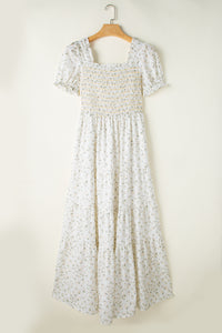White Floral Boho Maxi Dress New Women's Fashion Smocked Printed Square Neck Short Sleeve Dress