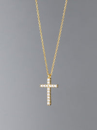 gold cross necklace 18k gold plated with diamonds zircon, fake diamond necklace that looks real waterproof for sensitive skin trending cross necklaces Kesley Boutique