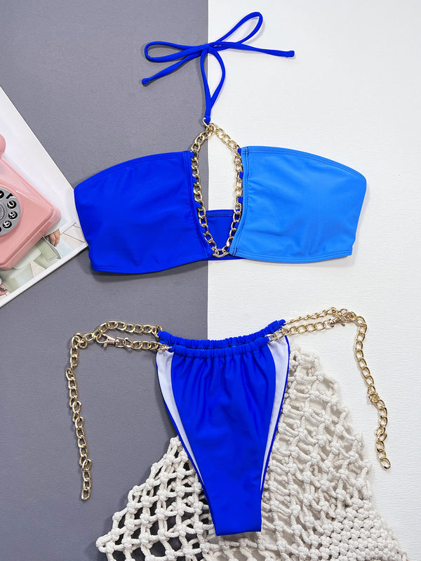 Blue Bikini Set Chain Detail Halter Neck Two Piece Swimsuit Set