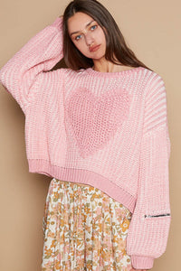 Pink Heart Round Neck Heart Patch Zipper Point Sleeve Sweater New women's Fashion