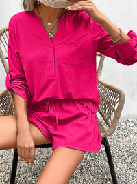 Outfit Set Women's Fashion 100% Cotton Notched Long Sleeve Top and Shorts Set