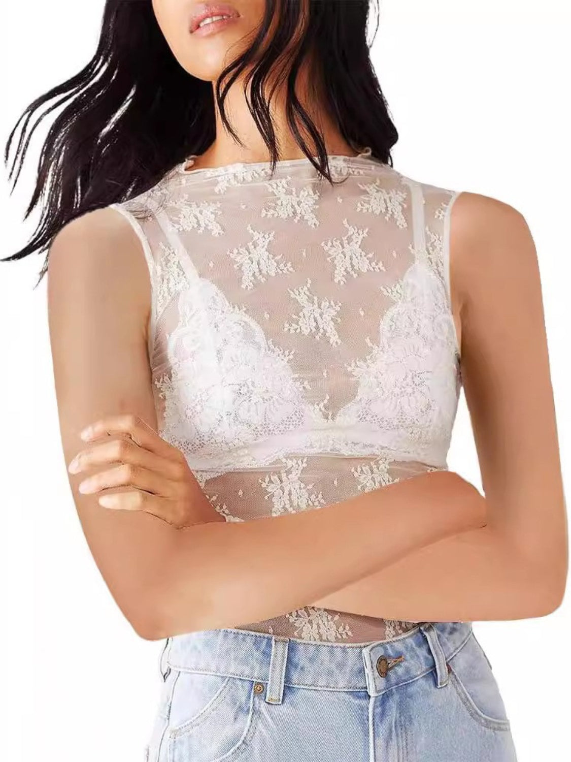 Lace See Through Top Women's Sexy Fashion Short Sleeve Lace Mock Neck Top