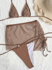 Bikini Set Sexy Cutout Crochet Halter Neck triangle Bikini Top Tied Bottoms and Skirt Three-Piece Swim Set Luxury Premium Nylon