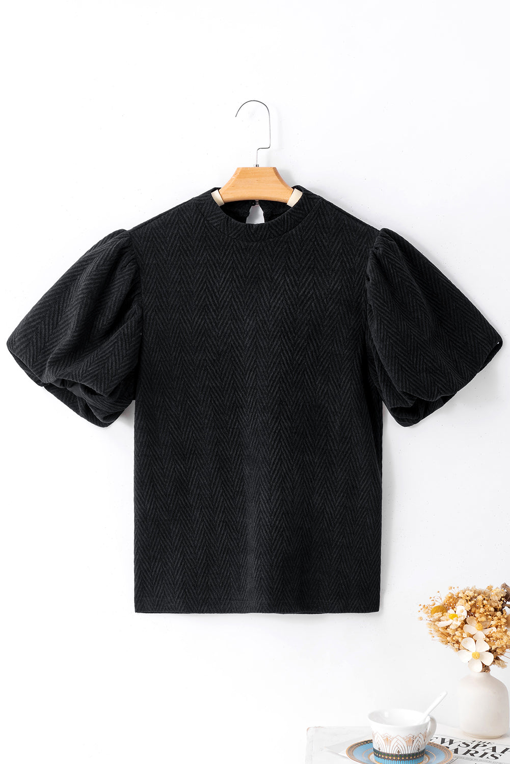 Round Neck Puff Sleeve Blouse Women's Black T Shirt with Short Sleeves Balloon Sleeves