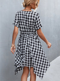 Black and White Plaid Notched Short Sleeve Dress Waist Tie Casual Flare Skirt dress
