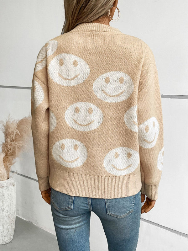 Smile Pattern Round Neck Long Sleeve Sweater