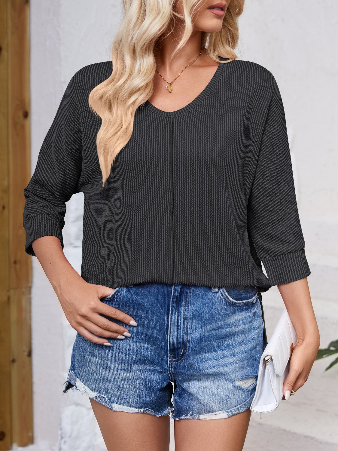 Textured Round Neck Three-Quarter Sleeve Blouse