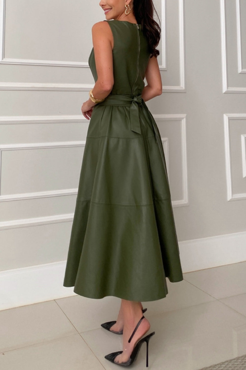 Olive Green Women's Short Sleeve Long Dress Round Neck Sleeveless Midi Dress