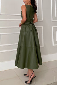 Olive Green Women's Short Sleeve Long Dress Round Neck Sleeveless Midi Dress