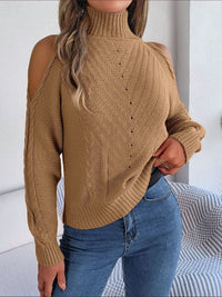 Cable-Knit Turtleneck Cold Shoulder Sweater