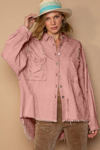 Denim Jacket Pink Women's Fashion Button Down Raw Hem Distressed 100% Cotton Shacket