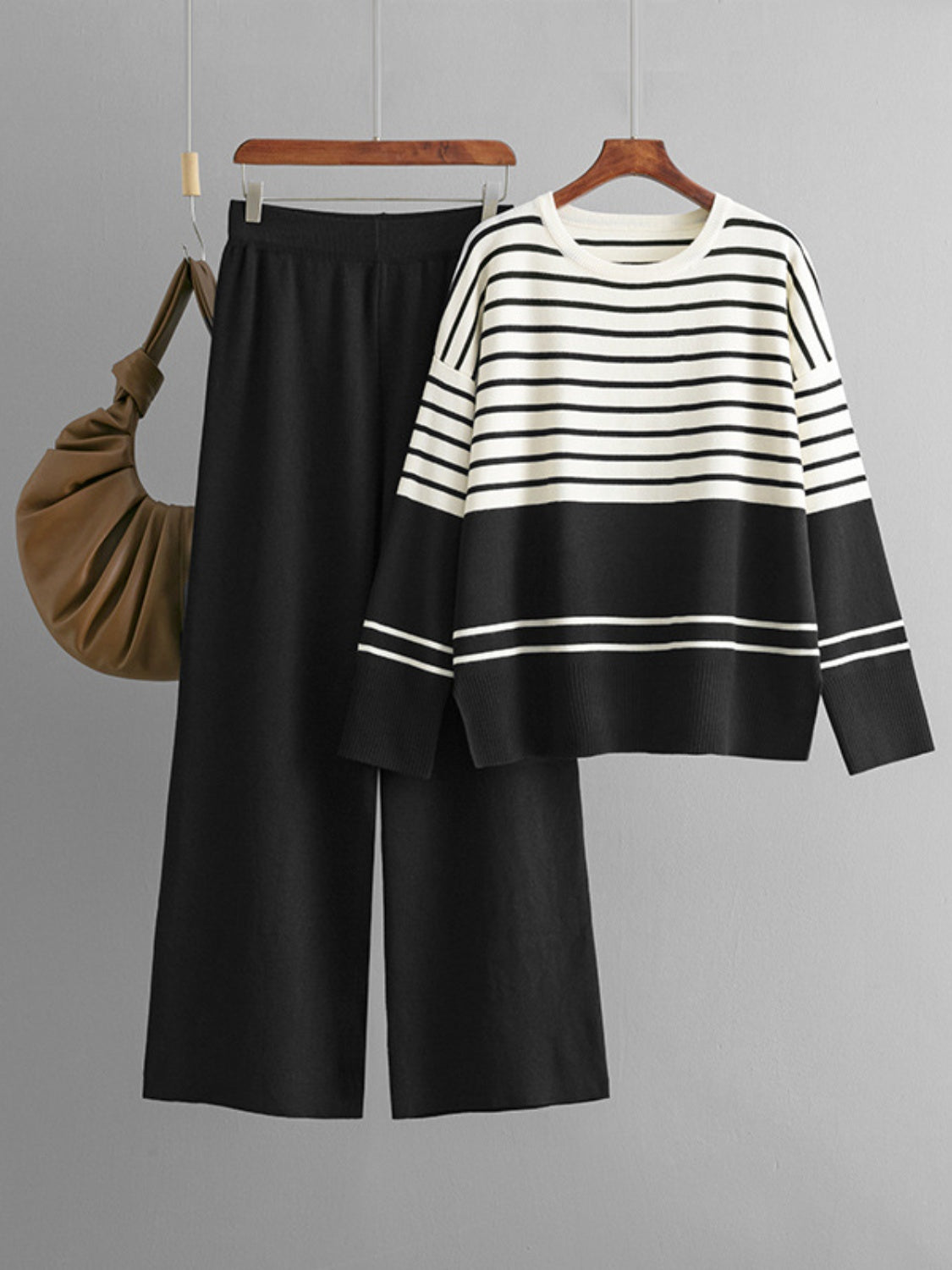 two piece, two piece clothing, light clothing, clothing sets, womens clothing sets, casual wear, day wear, night wear, outfit ideas, outfit inspo, fitpo, womens outfit inspo, night out outfit ideas, business casual, outfits for work, outfits for school, long sleeve, loose fit, loose pants, crewneck, black and white stripes, stripes, striped clothing, crewneck sweater, long sleeve shirt, kesley, kesley boutique, aesthetic, aesthetic outfits, holiday outfits, holiday gifts, gifts for women, loose shirt