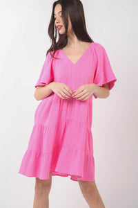 KESLETY Pink  V-Neck Ruffled Tiered Dress Women's Casual Day dresses