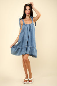 KESLEY Shoulder Tie Washed Denim Mini Dress Cotton Breathable Luxury Clothing