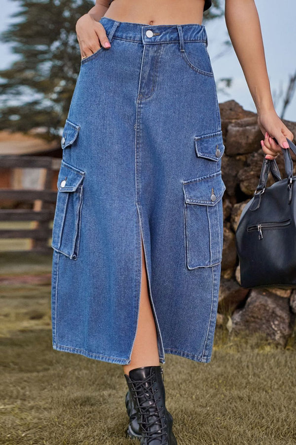 Slit Front Midi Denim Skirt with Pockets Cargo Skirts New Women's Fashion Maxi