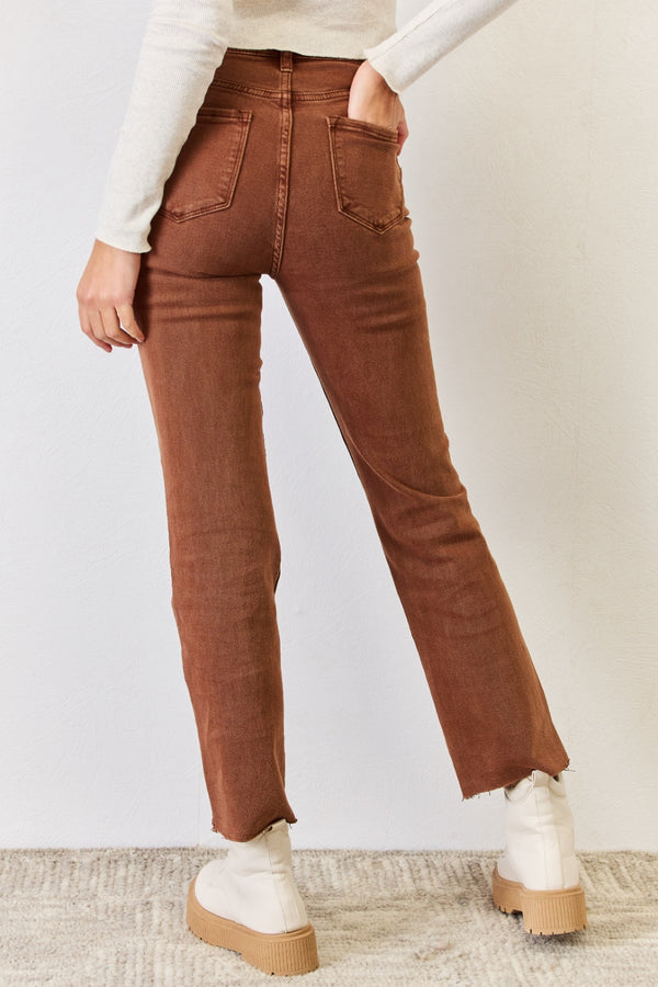 KESLEY High Rise Tummy Control Straight Jeans In Camel Brown Petite and Plus size Jeans