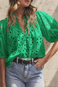 Eyelet Button Up Half Sleeve Blouse