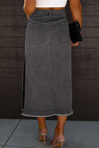 Grey Maxi Denim Skirt Raw Hem Slit Pocketed Midi Jean Skirt Women's Bottoms Cotton