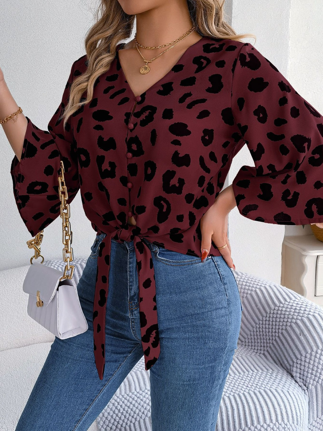 Animal Print Long Sleeve Shirt Women's Casual Tied Button Up Leopard V-Neck Blouse