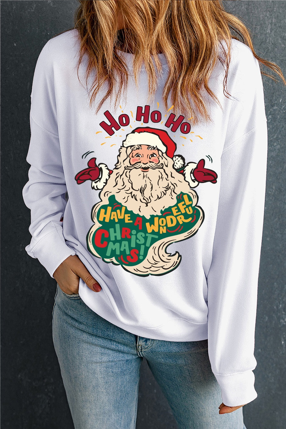 Santa Graphic Round Neck Long Sleeve Sweatshirt