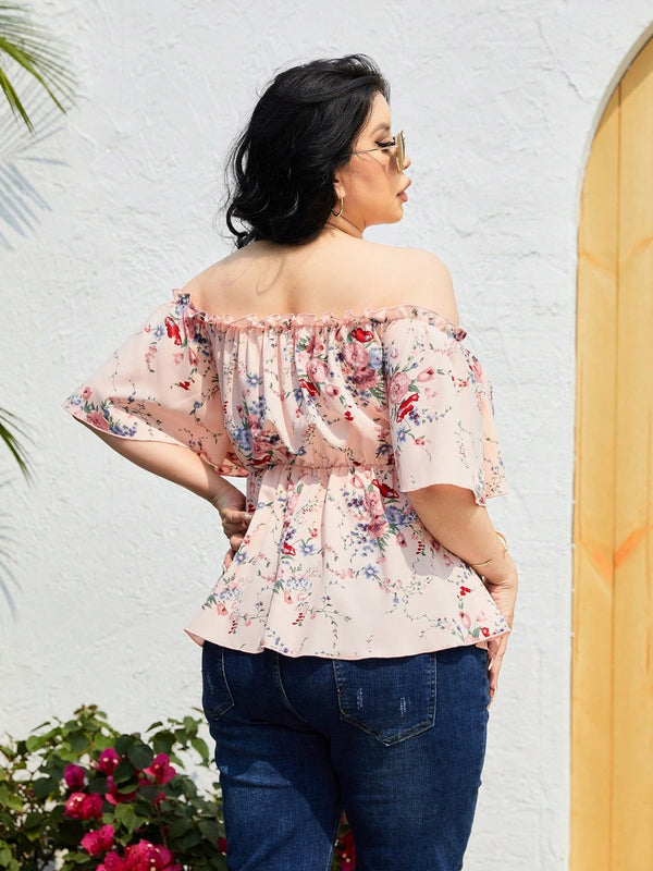 Floral Shirt Plus Size Frill Printed Flutter Sleeve Blouse