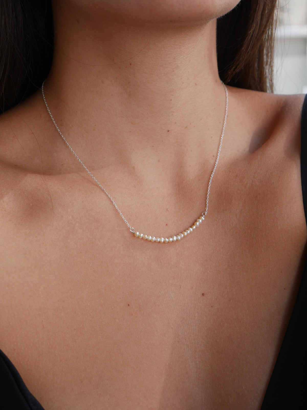 Dainty Pearl Necklace white gold .925 sterling silver. Pearl u necklace with small pearls in the front. Waterproof. Real pear necklace for cheap good quality. unique pearl necklaces. June Birthstone jewelry . Gift ideas. Wedding jewelry. Bridesmaids Necklaces. shopping in Miami Kesley Boutique
