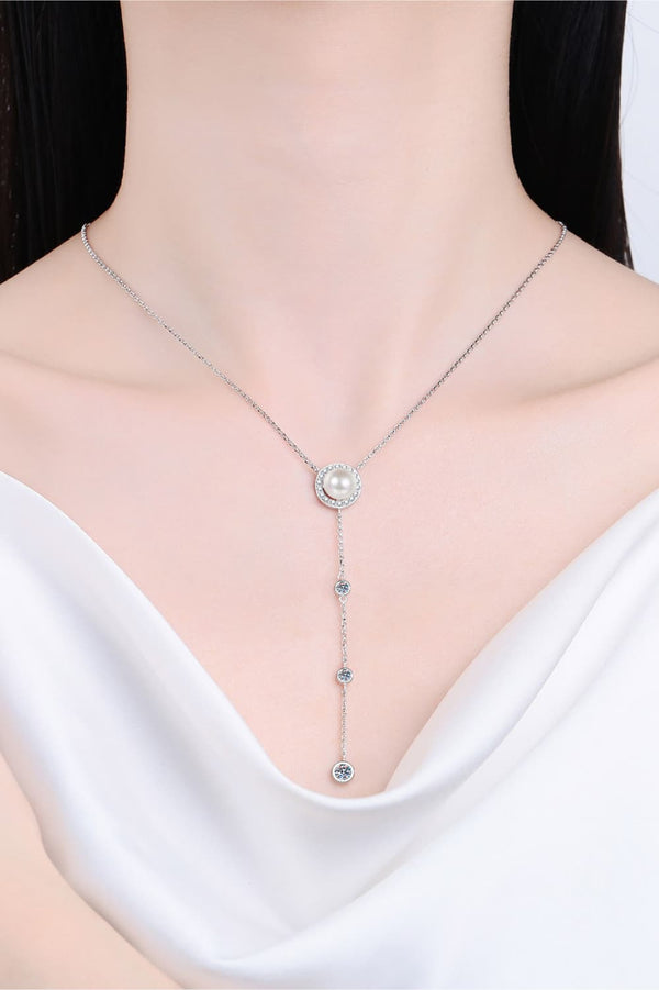 Lariat Necklace with Pearl 925 Sterling Silver Moissanite Rhodium-Plated Necklace