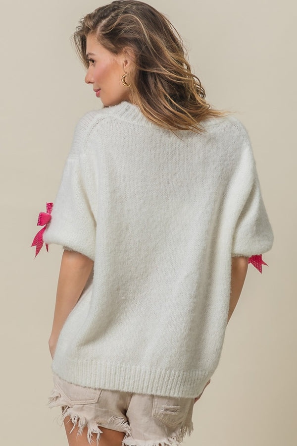 KELEY Pink and Bow Sequin Bow Puff Sleeve Sweater