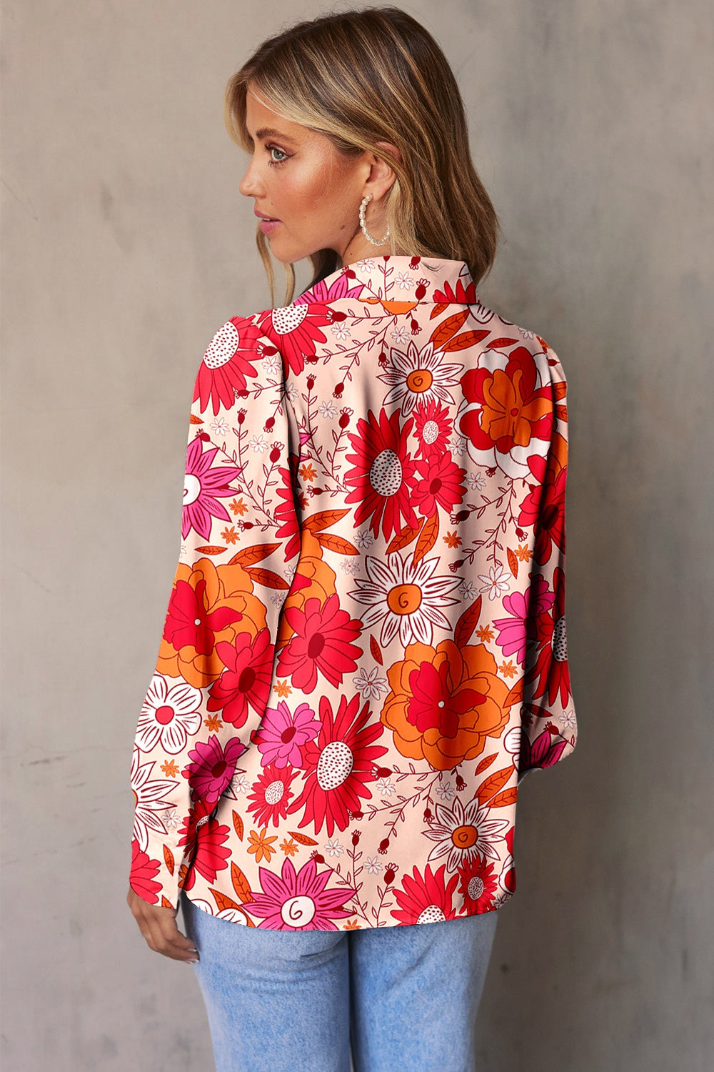 Floral Print Blouse Collared Neck Long Sleeve Shirt