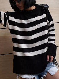 Slit Striped Round Neck Sweater New Women's Fashion