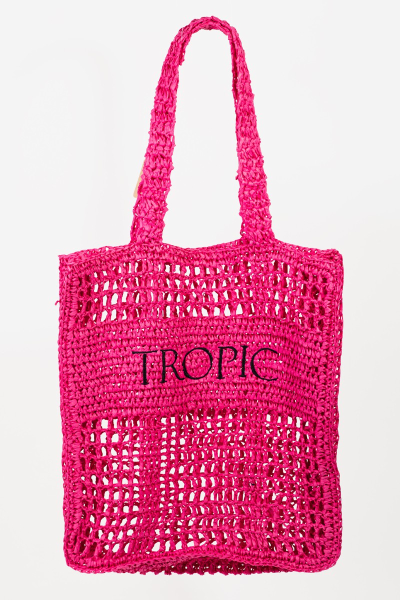 Hot Pink Crochet Tote and Beach Bag  Cutout Letter Graphic Handbag KESLEY