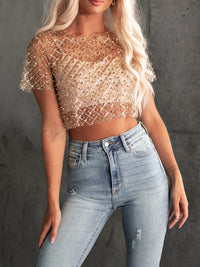 Gold Sheer Crop Top Women's See Sexy Through Sequin Bead Trim Round Neck Short Sleeve Blouse