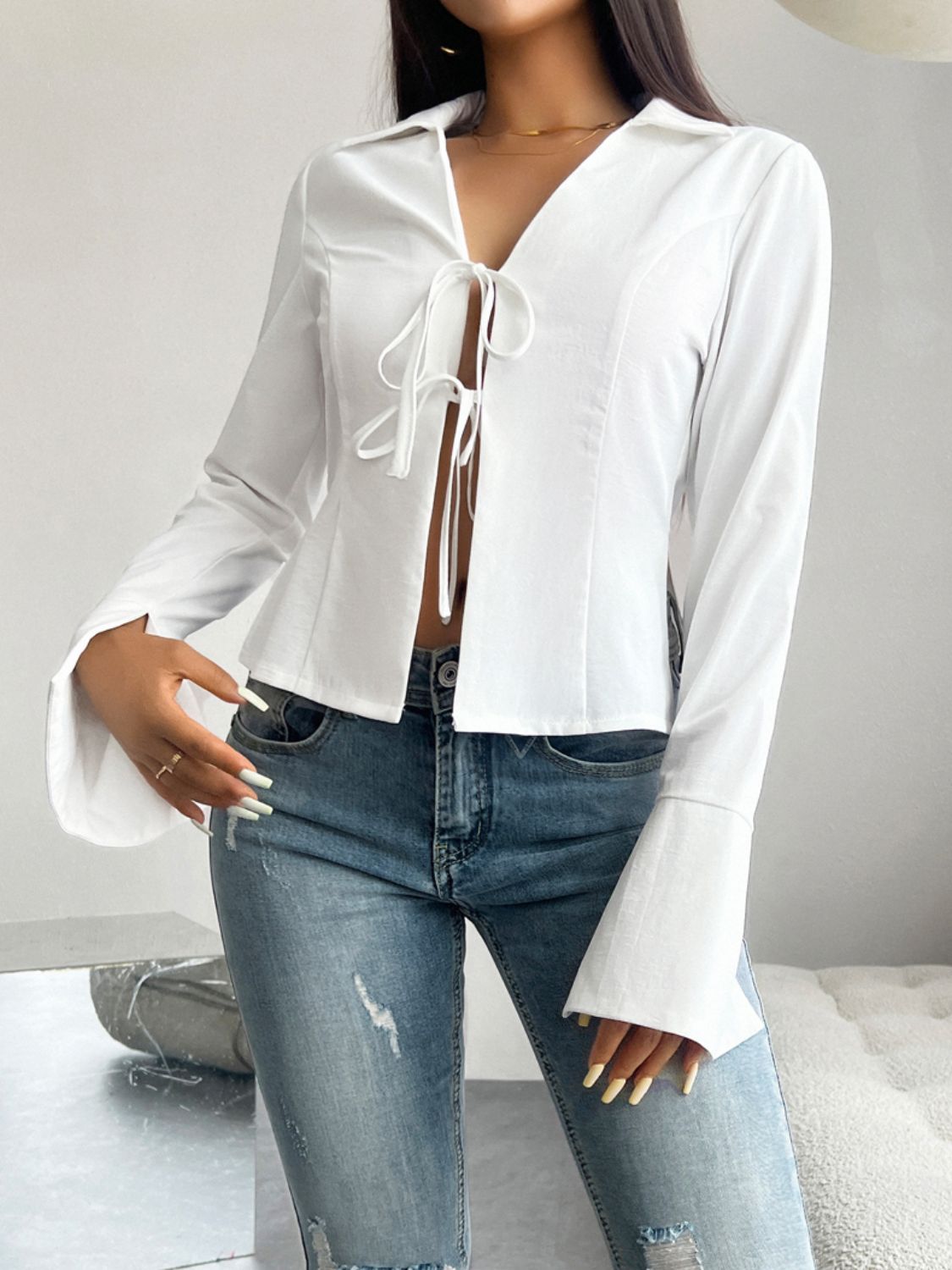 Women's White Top Open Front Bow Devine Slit Tied Collared Neck Long Sleeve Blouse