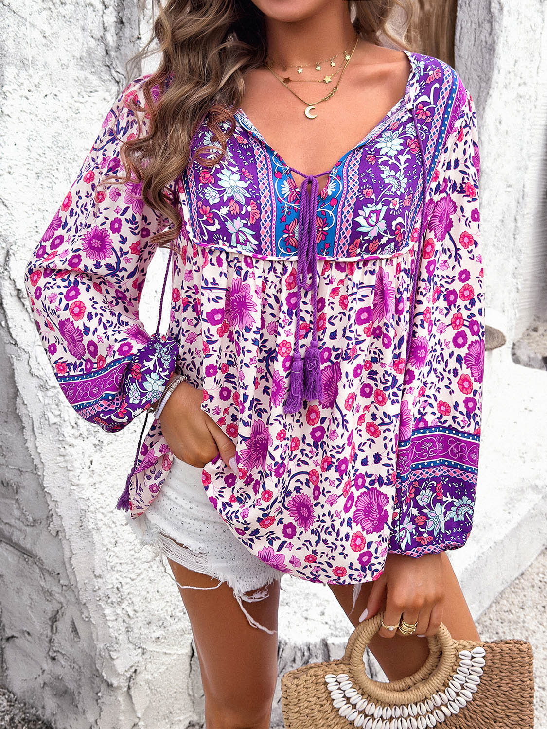 Boho Casual Loose Fit Shirt Printed Tie Neck Long Sleeve Blouse