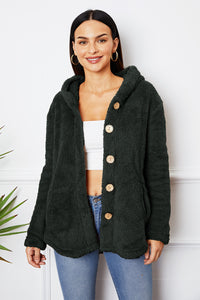 Fuzzy Button Up Hooded Outerwear