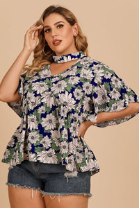 Plus Size Floral Flutter Sleeve Cutout Blouse