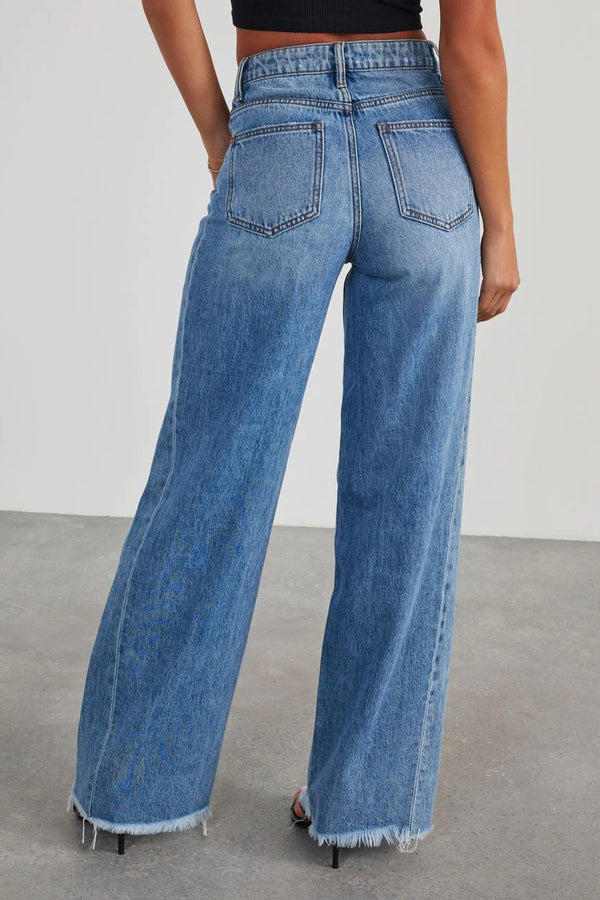 Raw Hem Wide Leg Jeans with Pockets Premium Luxury 100% Cotton Pants