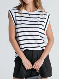 Striped Round Neck Cap Sleeve T-Shirt Women's Short Sleeve Top With Stripes KESLEY