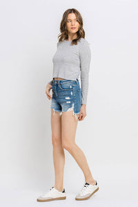 KESLEY Distressed Raw Hem Denim Shorts