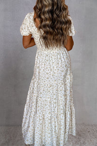 White Floral Boho Maxi Dress New Women's Fashion Smocked Printed Square Neck Short Sleeve Dress